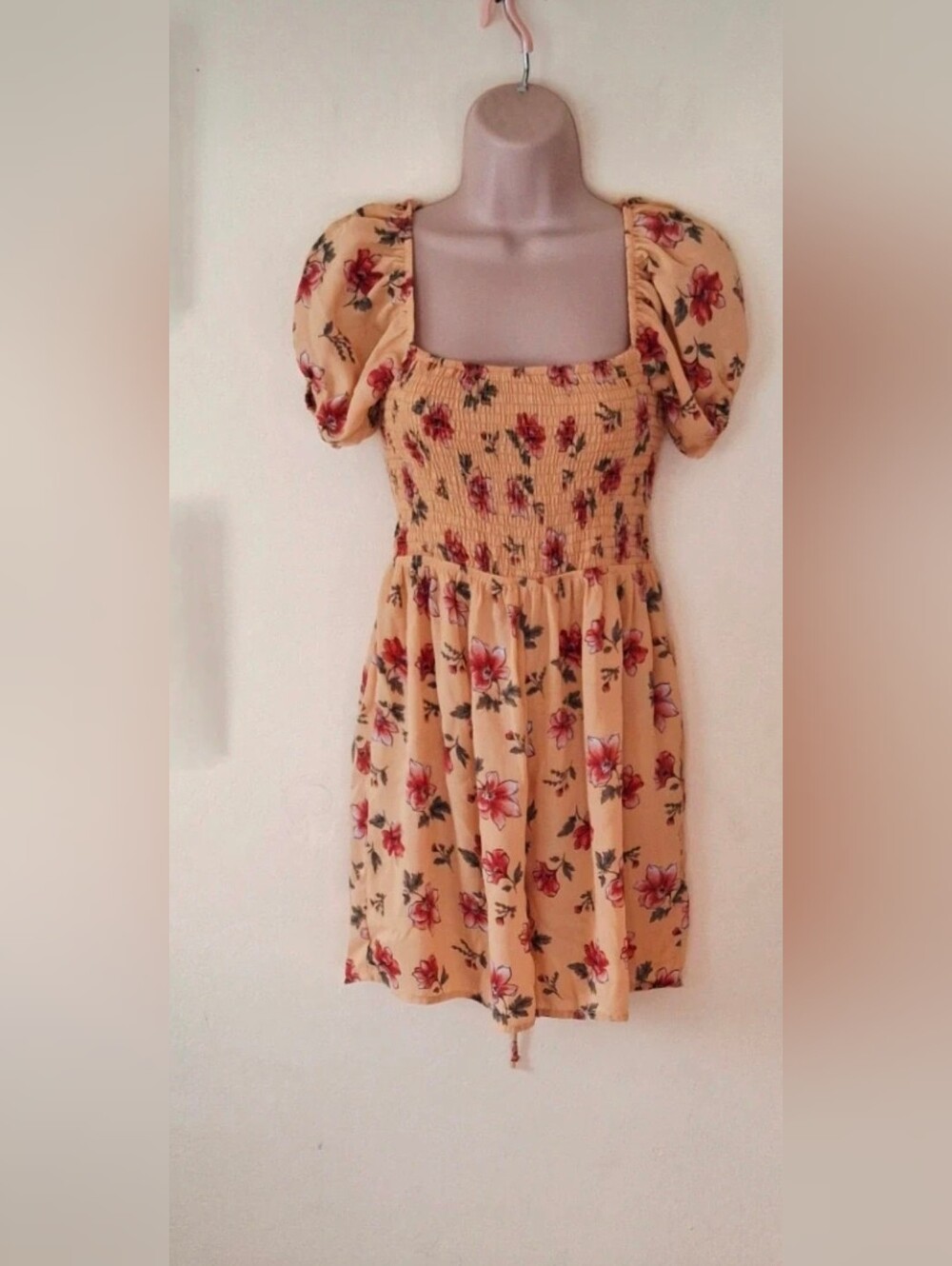 Smocked Puff-Sleeve Mini Dress in Mustard Floral